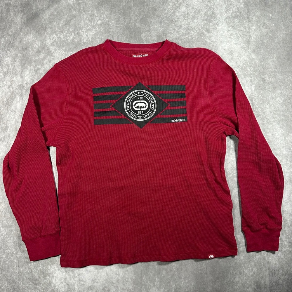 VTG Ecko Unltd Mens 2XL Red Thermal Waffle Knit Long Sleeve Graphic Shirt Y2K